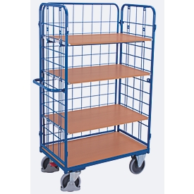 Etagewagen van draadgaas, staal/MDF-plaat, decor gentiaanblauw/beuken, 1 etage, 1000 x 600 mm, inhaakbare langswand, EasySTOP, tot 500 kg