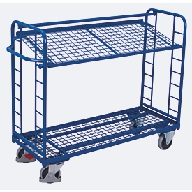 Etagewagens, staal/gaas, gentiaanblauw, 2 etages, 1355 x 550 mm, kopwanden met ronde stalen verstevigingen, EasySTOP, tot 250 kg
