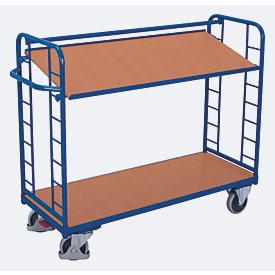Etagewagens, staal/MDF-plaat, decor gentiaanblauw/beuken, 2 etages, 1355 x 550 mm, kopwanden met ronde stalen verstijving, EasySTOP, tot 250 kg