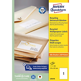 Etiketten AVERY® Zweckform, voor printertype inkjet/laser, rechthoekig, duurzaam, A4-formaat, papier, natuurwit, 100 etiketten, B 297 x H 210 mm