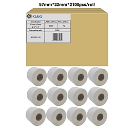 Etiketten G&G, kompatibel zu Zebra 800262-125, 57 x 32 mm, selbstklebend, beschichtet, perforiert, Thermopapier, weiß, 12 x 2100 Stück