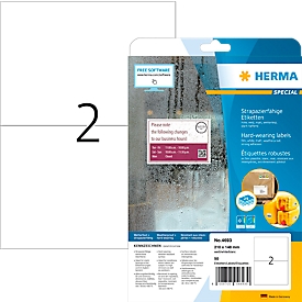 Etiketten HERMA 4693, 210 x 148 mm, 50 Stück, auf DIN A4, wetterfest, selbstklebend, stark haftend, Polyesterfolie, mattweiß