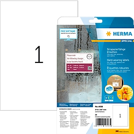 Etiketten HERMA 4698, 210 x 297 mm, 25 etiketten / 25 vellen A4, weerbestendig, zelfklevend, sterk klevend, polyesterfolie, mat wit