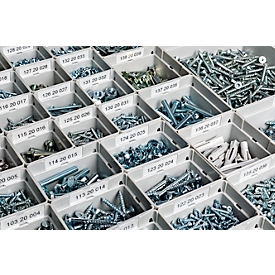 Etiketteringsset, voor scheidingswanden en insteekwanden, 10 DIN A4-vellen met elk 40 etiketteringsvelden, 7 clips van verschillende breedtes