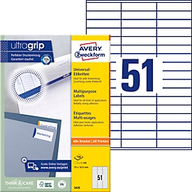 Etiquetas Avery® Zweckform 3420, A4, universal, adhesivo permanente, ultragrip, apto para impresora, papel FSC®, rectangular, blanco, 5100 unidades en 100 hojas