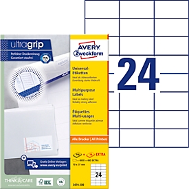 Etiquetas Avery® Zweckform 3474-200, A4, universal, adhesivo permanente, ultragrip, apto para impresora, papel FSC®, rectangular, blanco, 5280 unidades en 220 hojas