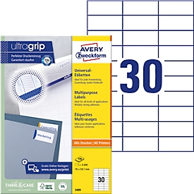 Etiquetas Avery® Zweckform 3489, A4, universales, adhesivo permanente, ultragrip, aptas para impresión, papel FSC®, rectangulares, blancas, 3000 unidades en 100 hojas