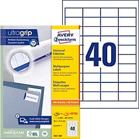 Etiquetas Avery® Zweckform 3657-200, A4, universal, adhesivo permanente, ultragrip, apto para impresora, papel FSC®, rectangular, blanco, 8800 unidades en 220 hojas