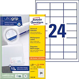 Etiquetas Avery® Zweckform 3658-200, A4, universal, adhesivo permanente, ultragrip, apto para impresora, papel FSC®, rectangular, blanco, 5280 unidades en 220 hojas