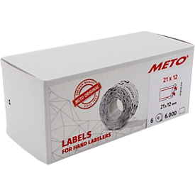 Étiquettes de prix METO®, adhésives en permanence, rectangulaires, perforation, L 21 x H 12 mm, papier FSC®, rouge-blanc, 6 rouleaux de 1000 pièces
