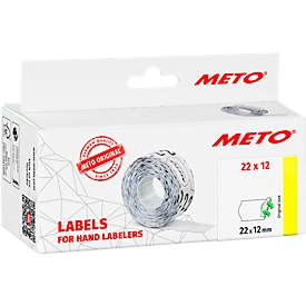 Étiquettes de prix METO®, pour étiqueteuse de prix à 1 ligne, détachables, bord ondulé, L 22 x H 12 mm, papier FSC®, blanc, 6 rouleaux de 1000 pièces