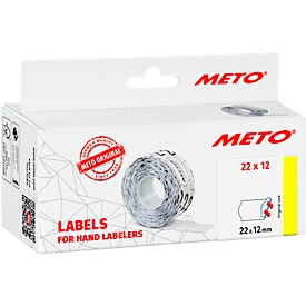 Étiquettes de prix METO®, pour étiqueteuses de prix à 1 ligne, adhésives en permanence, bord ondulé, L 22 x H 12 mm, papier FSC®, blanc, 6 rouleaux de 1000 pièces