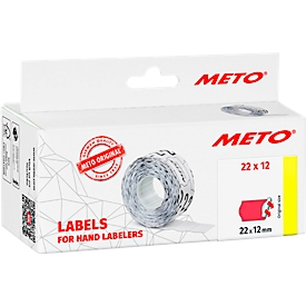 Étiquettes de prix METO®, pour étiqueteuses de prix à 1 ligne, adhésives en permanence, bord ondulé, L 22 x H 12 mm, papier FSC®, rouge, 6 rouleaux de 1000 pièces