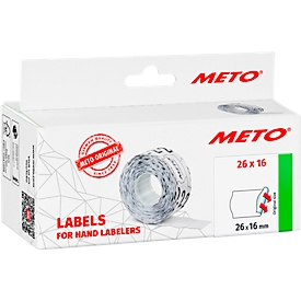 Étiquettes de prix METO®, pour étiqueteuses de prix à 2 lignes, adhésives en permanence, bord ondulé, L 26 x H 16 mm, papier FSC®, blanc, 6 rouleaux de 1000 pièces