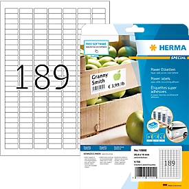 Étiquettes de puissance HERMA 10900, 25,4 x 10 mm, 4725 étiquettes / 25 feuilles A4, adhésives, très adhésives, blanches