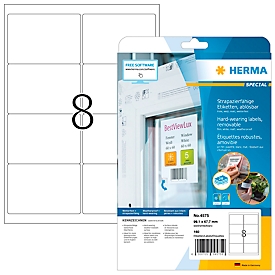 Étiquettes en film HERMA 4575, autocollantes, repositionnables, résistantes aux intempéries, imprimables, L 99,1 x H 67,7 mm, blanches, 160 pièces/20 feuilles