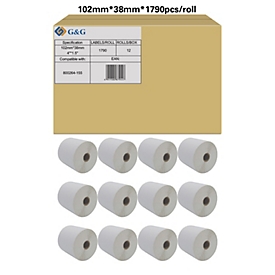 Étiquettes G&amp;G, compatibles avec Zebra 800264-155, 102 x 38 mm, adhésives, couchées, perforées, papier thermique, blanches, 12 x 1790 pièces