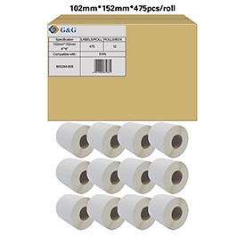 Étiquettes G&amp;G, compatibles avec Zebra 800284-605, 102 x 152 mm, autocollantes, perforées, papier thermique, blanches, 12 x 475 pièces