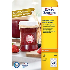 Étiquettes multifonctionnelles adhésives AVERY® Zweckform, vierge, Ø 40 mm, rond, pour toutes les imprimantes, blanc