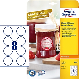 Étiquettes multifonctionnelles adhésives AVERY® Zweckform, vierge, Ø 65 mm, rond, pour toutes les imprimantes, blanc
