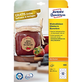 Étiquettes multifonctionnelles collantes Zweckform AVERY®, vierge, 60 x 59,5 mm, 120 p., forme de fleur, pour toutes les imprimantes