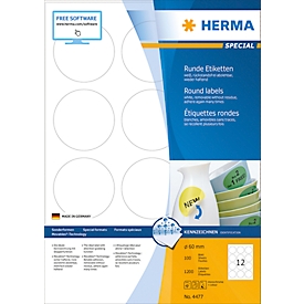 Étiquettes multifonctionnelles rondes n° 4477 sur feuilles A4 Herma, 1200 étiquettes, 100 p.