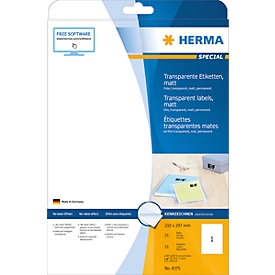 Étiquettes polyéthylène transparentes mattes sur feuilles A4 Herma, 25 étiquettes, 25 p.