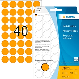 Étiquettes rondes HERMA 2254, Ø 19 mm, autocollants, permanents, inscriptibles à la main, 960 pièces sur 24 feuilles, papier FSC®, orange vif