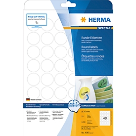 Étiquettes rondes n° 4378 sur feuilles A4 Herma, 1200 étiquettes, 25 p.