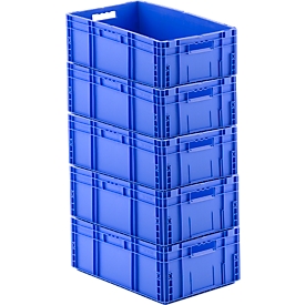 Eurocaja serie MF 6220, de polipropileno, capacidad 41,6 l, sin tapa, L 600 x A 400 x A 220 mm, 5 piezas, azul