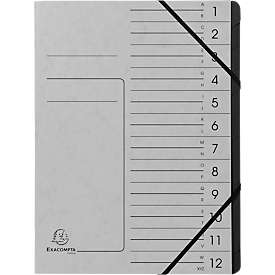 Exacompta Dokumentenmappe, DIN A4, Gummizugverschluss, Karton, 12 Fächer, grau