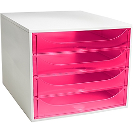 Exacompta ECOBOX Schubladenbox 4 Schübe Himbeerfarben, A4/A4+, offene Front, leise, Sicherheitsstopp