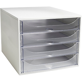 Exacompta ECOBOX Schubladenbox 4 Schübe Kristall, A4/A4+, offene Front, leise, Sicherheitsstopp