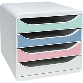 Exacompta Pop Box boîte à tiroirs, pour A4/A4+, en plastique recyclé, tiroirs fermés, empilable, ouverture silencieuse, 4 tiroirs, couleurs assorties