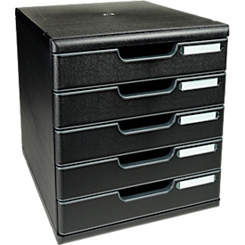 Exacompta Schubladenbox MODULO, modular, A4+, 5 geschlossene Schübe, Griffmulden, Blauer Engel, B 350 x T 320 x H 288 mm, Polystyrol, schwarz