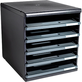 Exacompta Schubladenbox MODULO, modular, A4+, 5 offene Schübe, Griffmulden, stapelbar, Blauer Engel, B 350 x T 320 x H 288 mm, Polystyrol, dunkelgrau