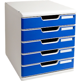 Exacompta Schubladenbox MODULO Office, modular, A4+, 5 geschlossene Schübe, Griffmulden, stapelbar, Blauer Engel, B 350 x T 320 x H 288 mm, PS, blau