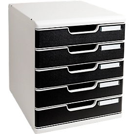 Exacompta Schubladenbox MODULO Office, modular, A4+, 5 geschlossene Schübe, Griffmulden, stapelbar, Blauer Engel, B 350 x T 320 x H 288 mm, PS, schwarz