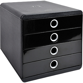Exacompta Schubladenbox POP-BOX, A4+, 4 geschlossene Schübe, Griffmulden, stapelbar, Blauer Engel, B 278 x T 347 x H 267 mm, Polystyrol, schwarz-silber