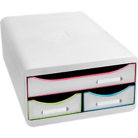 Exacompta Schubladenbox SMALL BOX Office, A4+, 3 halboffene Schübe, Griffmulden, stapelbar, Blauer Engel, B 278 x T 347 x H 130 mm, PS, harlekin-weiss