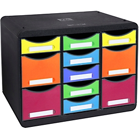Exacompta Store-Box Multi Office Noir, 11 tiroirs ouverts (7 plats/4 hauts), silencieux, empilable, garantie 25 ans