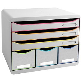 Exacompta STOREBOX blanc/arlequin, 6 tiroirs ouverts A4+ paysage, profondeur 27 cm, glissières silencieuses, arrêt de sécurité, 25 ans