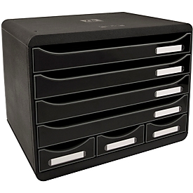 Exacompta STOREBOX Noir Glossy, 7 tiroirs ouverts A4+ au format paysage, profondeur 27 cm, silencieux, arrêt de sécurité, 25 ans