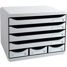 Exacompta STOREBOX Office gris clair, 7 tiroirs ouverts A4+ horizontal, profondeur 27 cm, silencieux, arrêt de sécurité, empilable, 25 ans