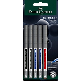 Faber-Castell Tintenroller Free Ink, Strichstärke 0,4 mm, Minen-Ø 0,7 mm, farbsortiert, Recycling-Kunststoff/Metall, 5 Stück