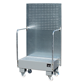 Fahrbare Auffangwanne LPW 60-2, mit Lochplattenwand, aus Stahl, Kapazität 2 x 60-Liter Fass, grau