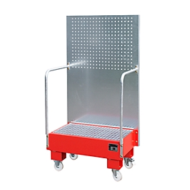 Fahrbare Auffangwanne LPW 60-2, mit Lochplattenwand, aus Stahl, Kapazität 2 x 60-Liter Fass, rot