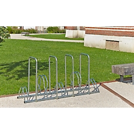 Fahrradständer Mottez, 2 Ebenen, für 5 Fahrräder mit Reifenbreite bis 55 mm, 4 Diebstahlsicherungsbügel, B 450 x T 1600 x H 830 mm, Stahl, metallgrau