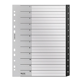 Farde à onglets Leitz® Recycle, A4, inscriptible, perforation universelle, 100 % recyclable, plastique, noir, onglets 1-12