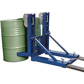 Fassheber asecos, als Stapleranbau, Stahl pulverbeschichtet, B 1050 x T 1080 x H 975 mm, für 2 Fässser, Traglast 700 kg
